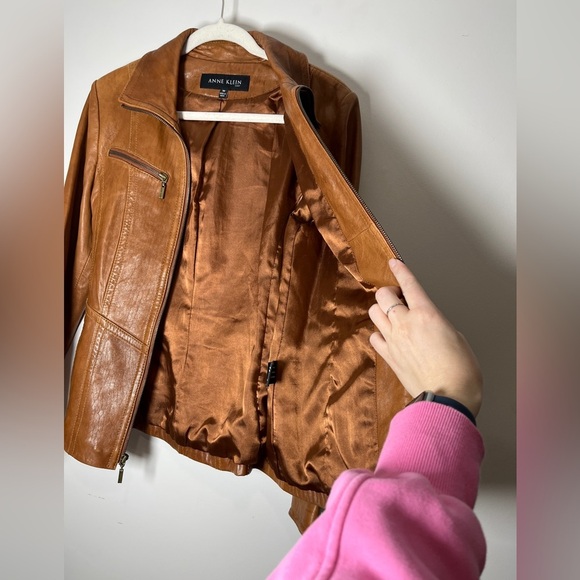 Vintage Anne Klein Longer Line Camel Faux Belted Leather Jacket Sz M - Picture 9 of 15